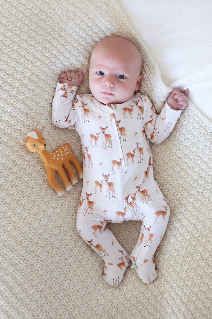 neutral deer zipper footie for boys 