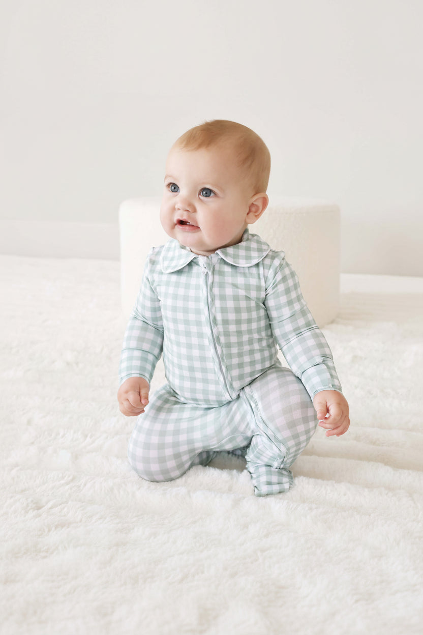 GREEN GINGHAM EMBROIDERED FOOTIE