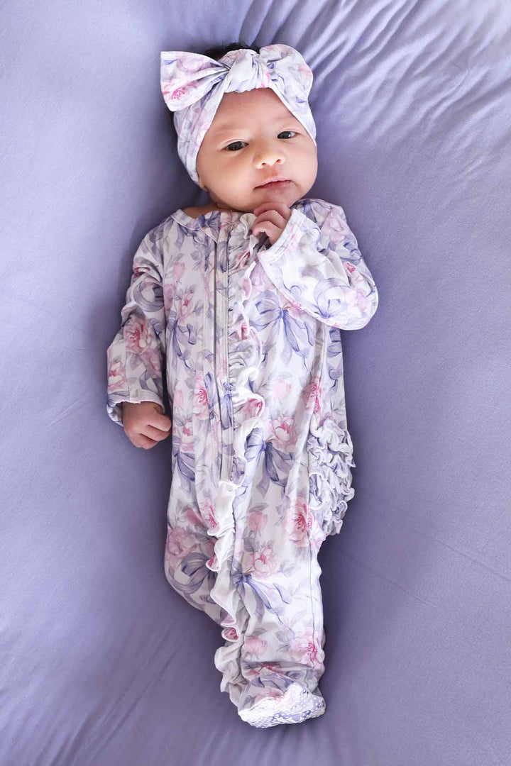 leighton's lavender bamboo ruffle zipper footie with headwrap video
