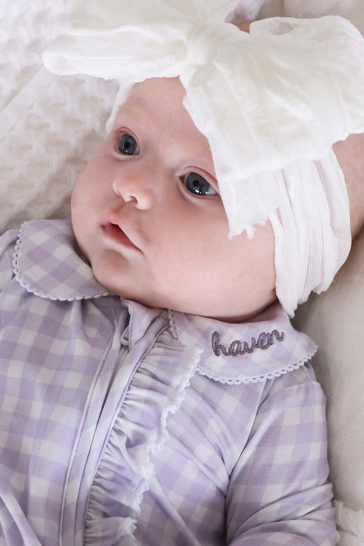 PURPLE GINGHAM EMBROIDERED FOOTIE VIDEO