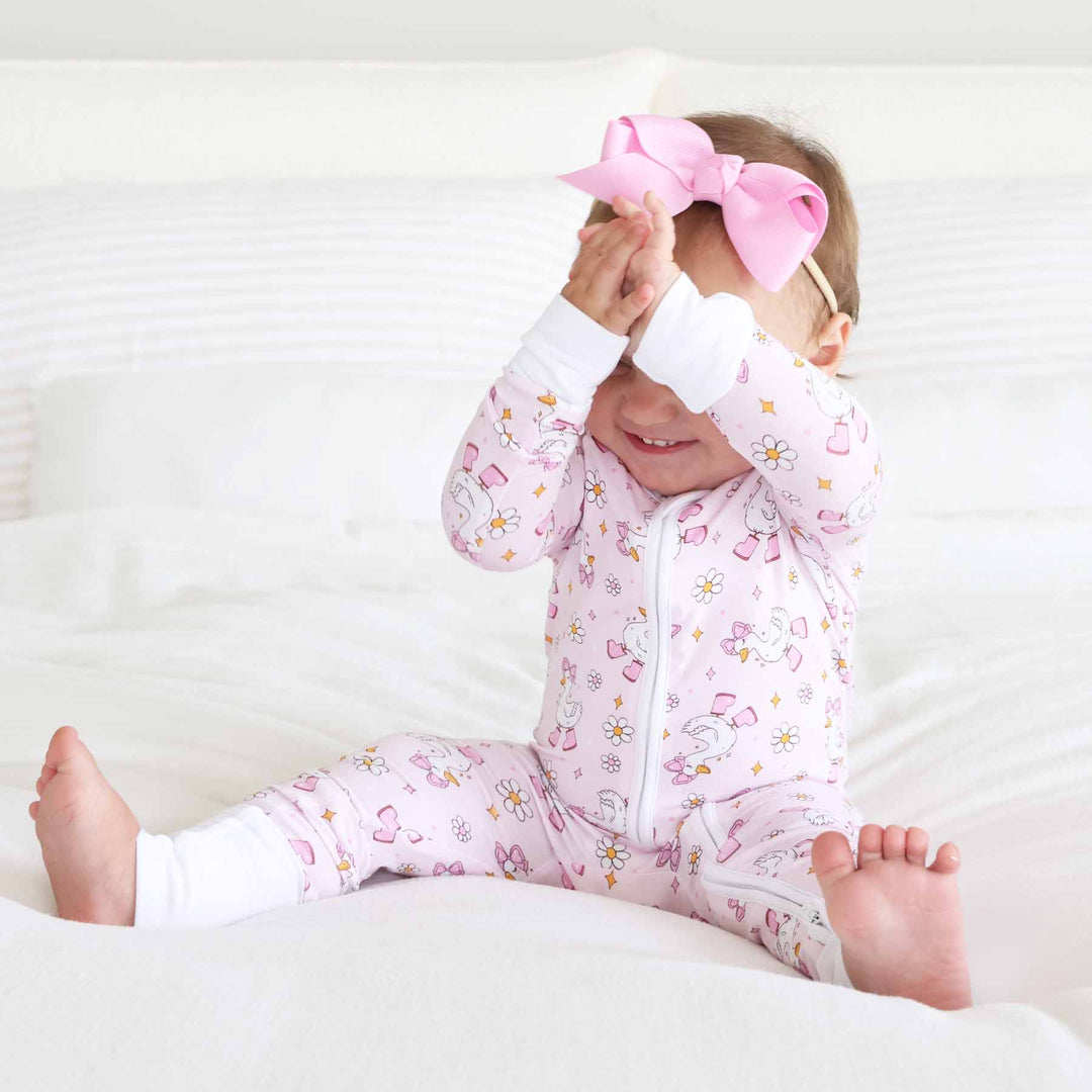 pink goose and flower pajama romper