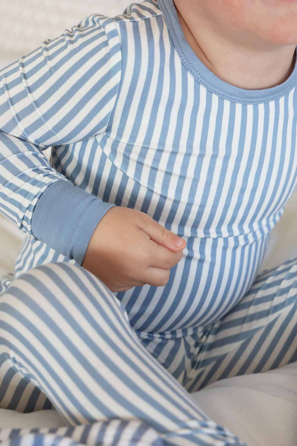 blue and white stripe pajama set for boys 