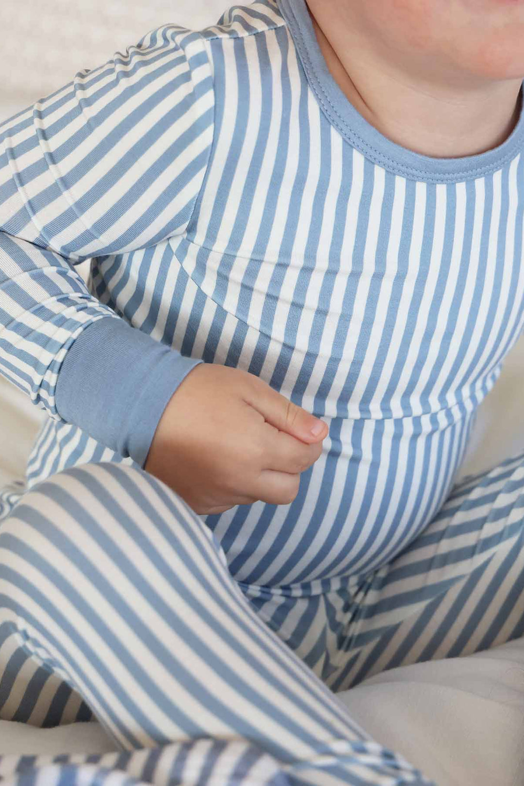 blue and white stripe pajama set for boys 