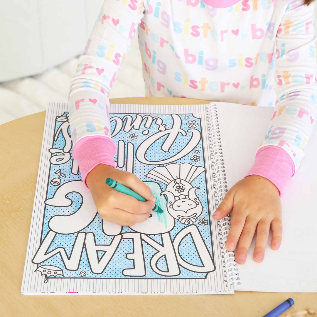 girls princess coloring book that says "dream big little princess"