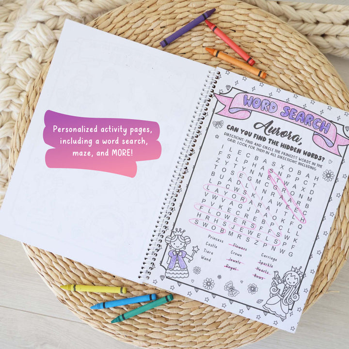 princess themed word search for girls in personalized coloring book