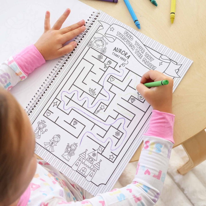 princess themed personalized coloring book with maze 