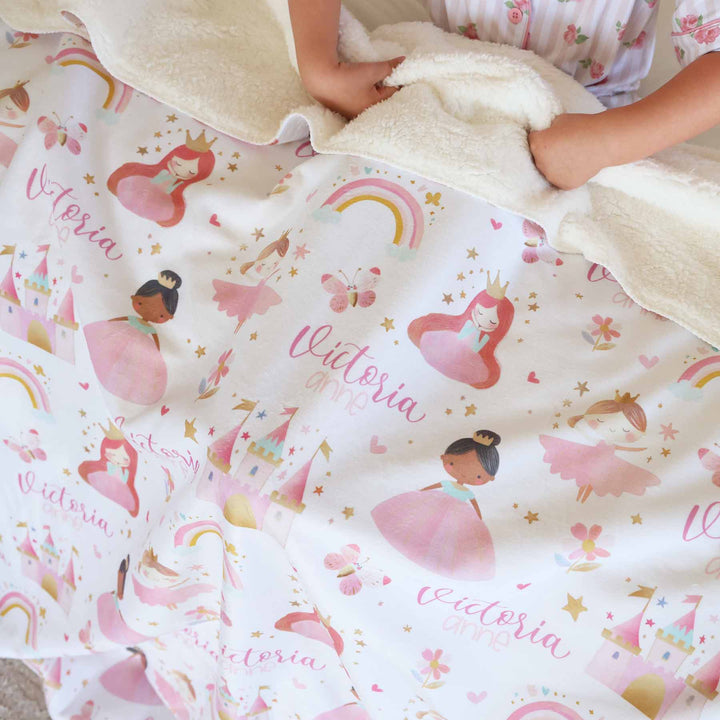 princess and castle themed personalized sherpa blanket for girls 