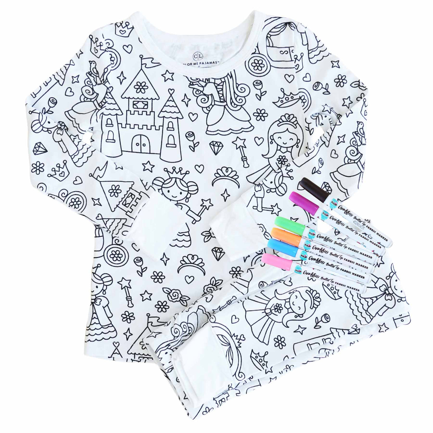 princess themed color me pajamas with markers