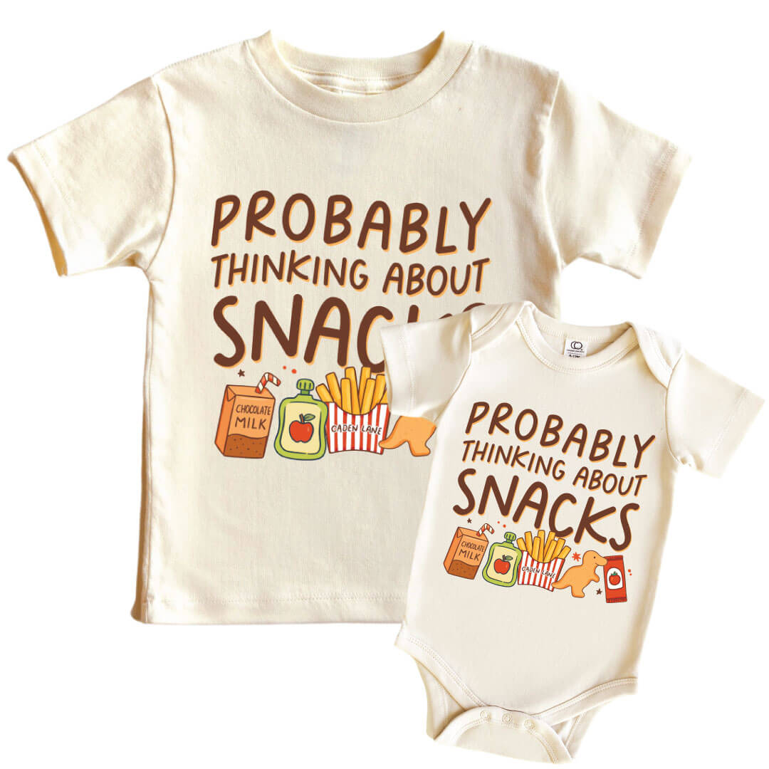 probably thinking about snack graphic bodysuit and kids tee