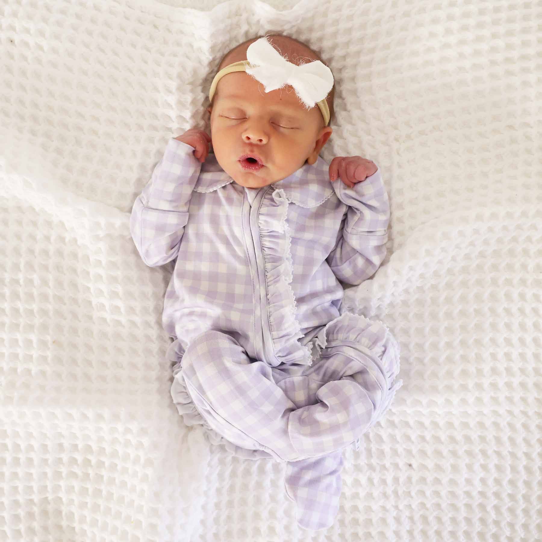 Peter Pan Collar Ruffle Zipper Footie | Lilac Gingham