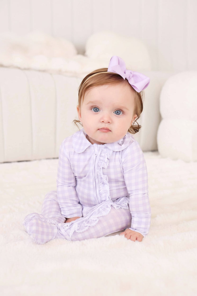 Peter Pan Collar Ruffle Zipper Footie | Lilac Gingham