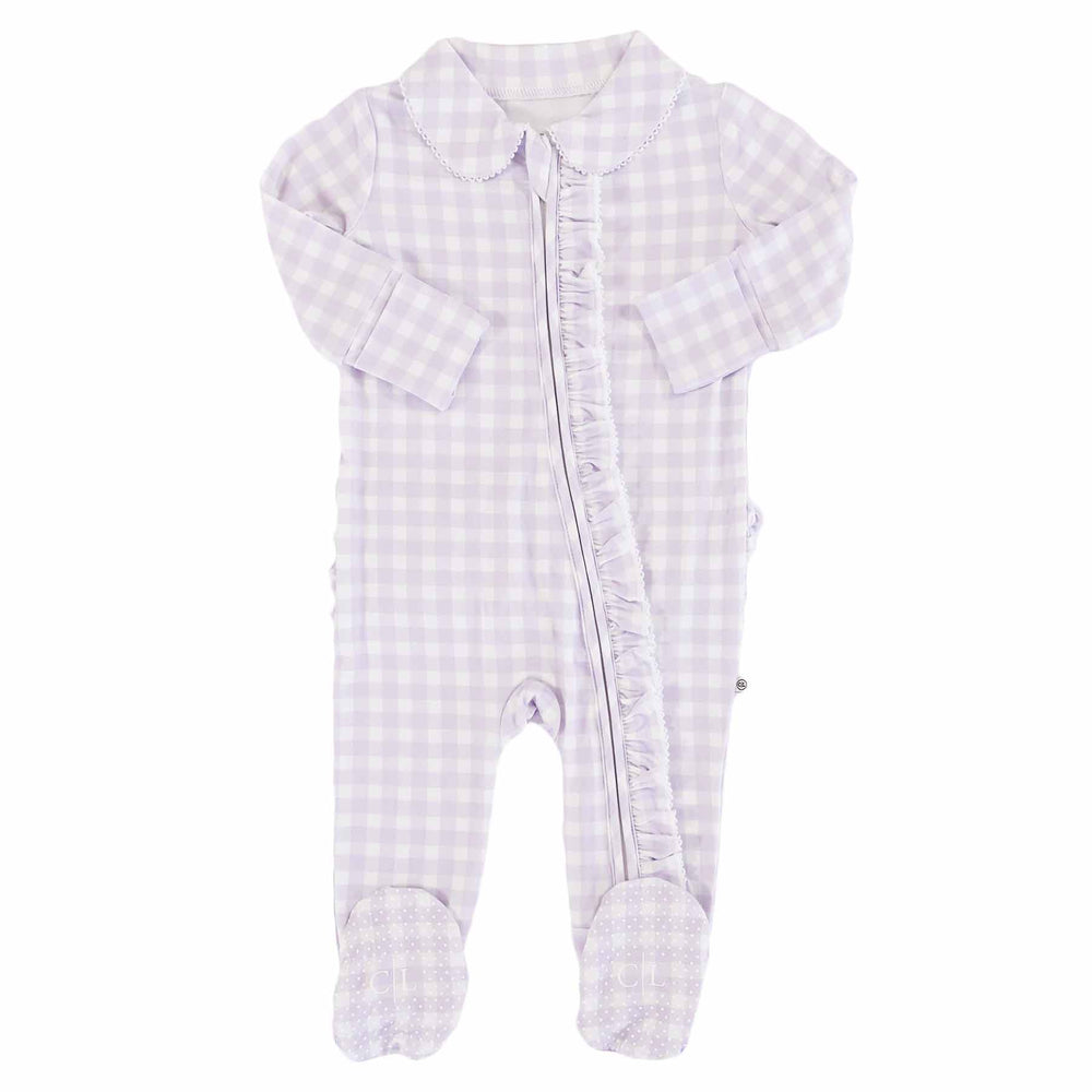 pastel purple gingham print footie pajamas with peter pan collar for babies