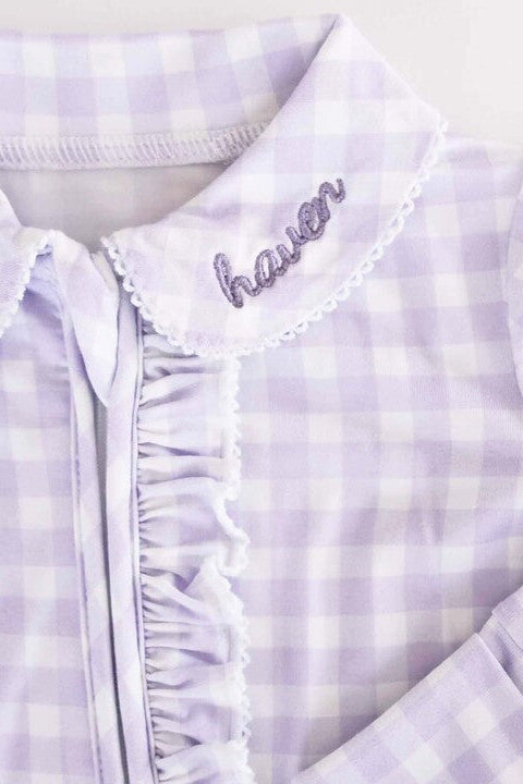 purple embroidered peter pan collar gingham print pajamas for babies