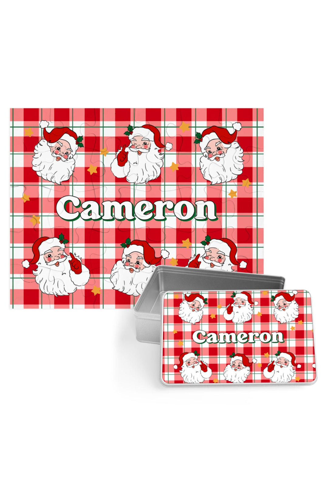 Caden Lane personalized 30-piece Christmas puzzle with keepsake storage tin featuring a custom name on a classic red and green plaid design, perfect for holiday gifts and family Christmas traditions.