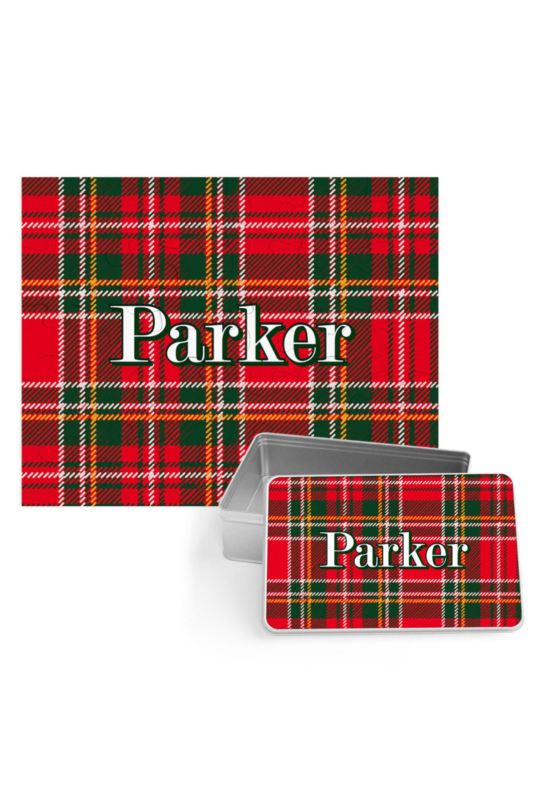 Caden Lane personalized 30-piece Christmas puzzle with keepsake storage tin featuring a custom name on a classic red and green plaid design, perfect for holiday gifts and family Christmas traditions.