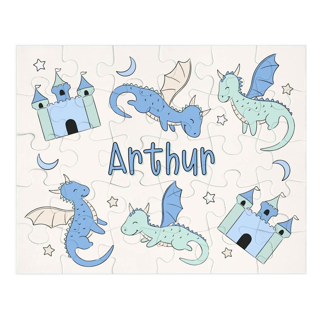 Kids Personalized 30 Piece Puzzle | Dragon Adventure Blue
