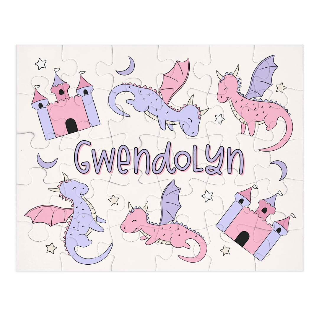 Kids Personalized 30 Piece Puzzle | Dragon Adventure Pink