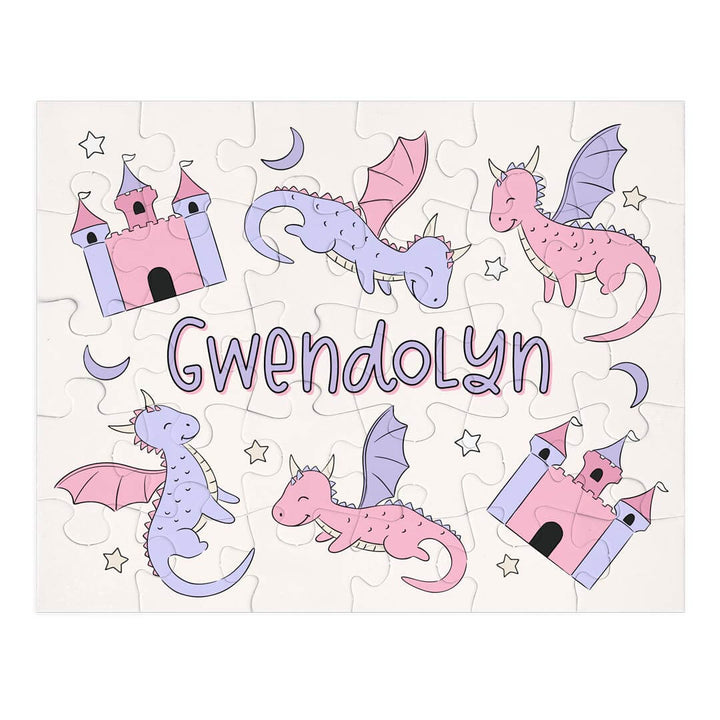 pink and purple dragon and castle personalized puzzle for kids 