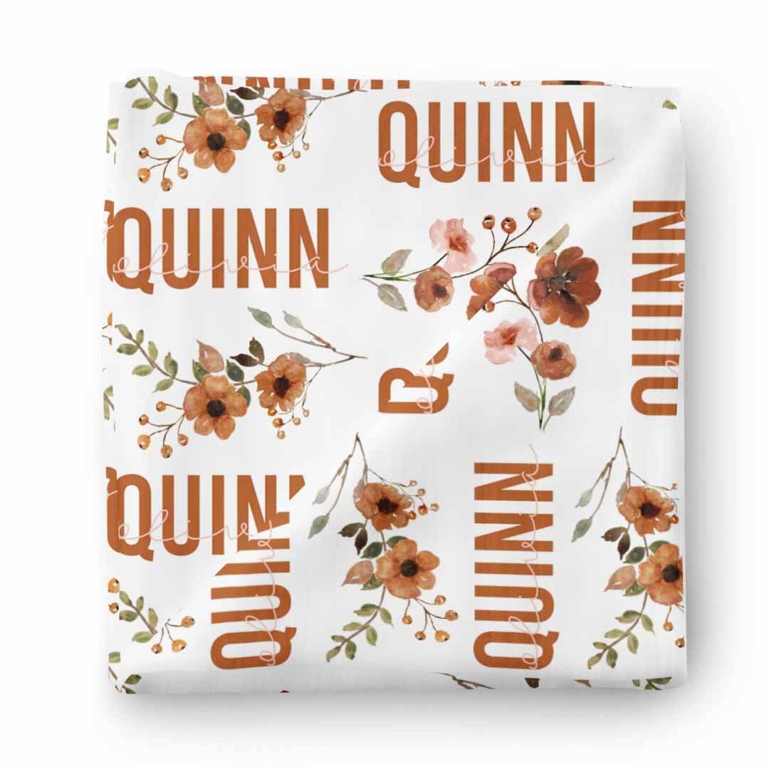 orange floral personalized baby name swaddle blanket 