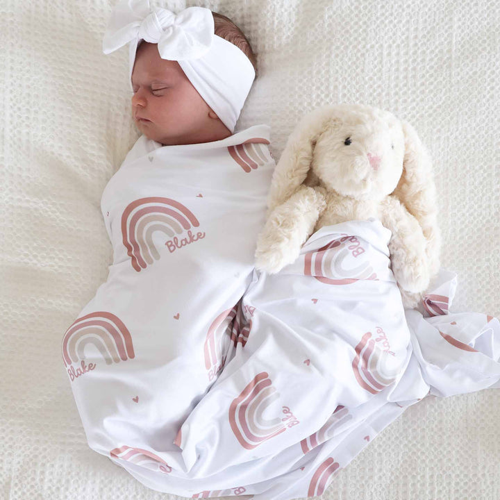 muted rainbow personalized swaddle blanket for girls 