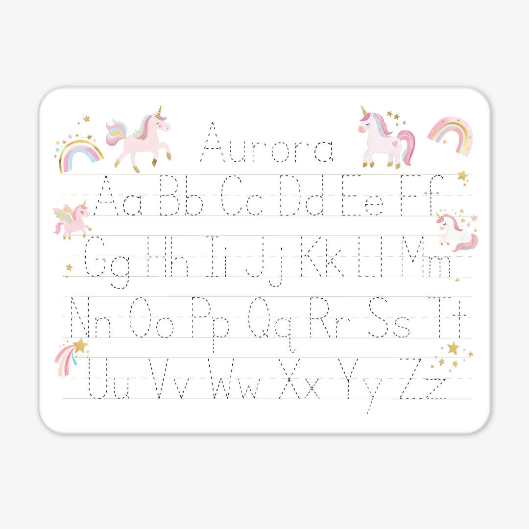 rainbow and unicorn personalized alphabet whiteboard for kids