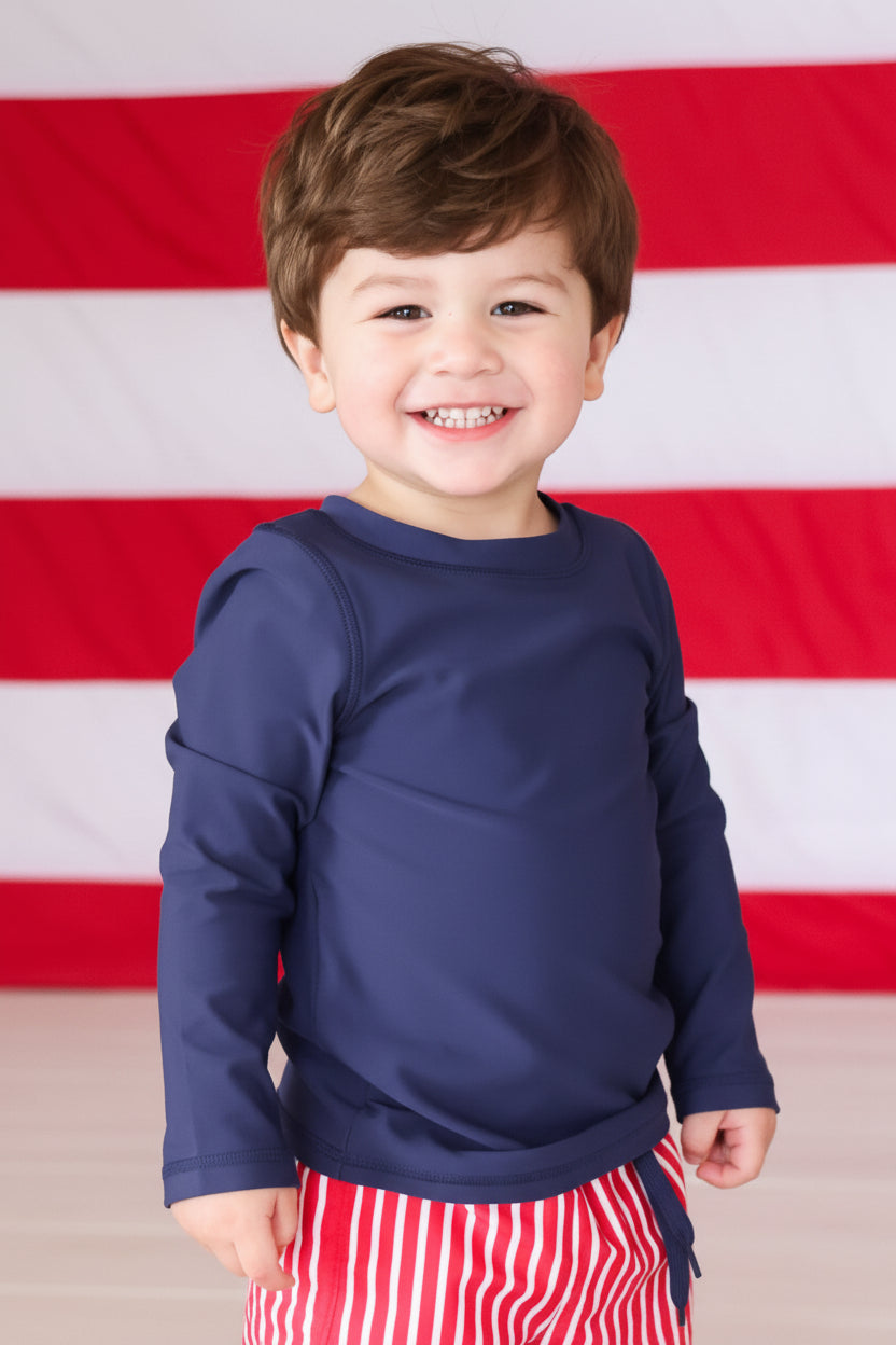 closeup of navy rash guard shirt 