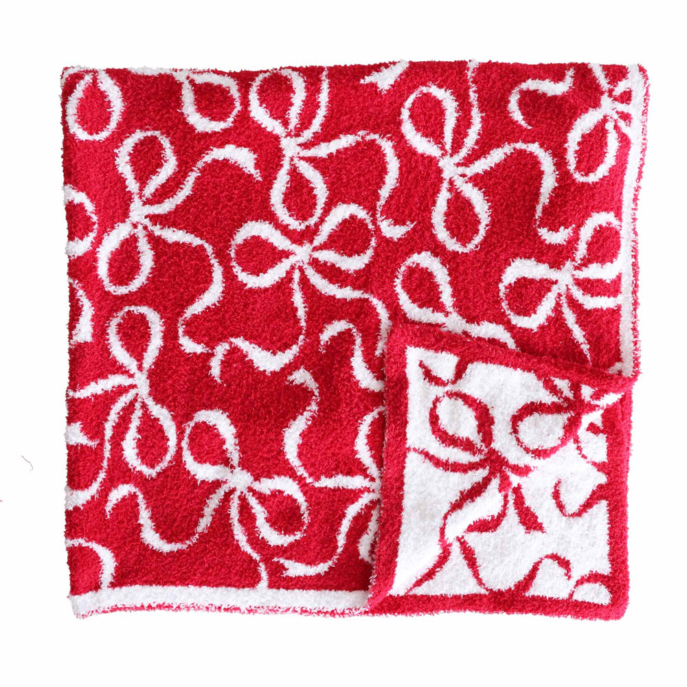 red christmas bow luxe microfiber blanket for bbaies, toddlers and adults 