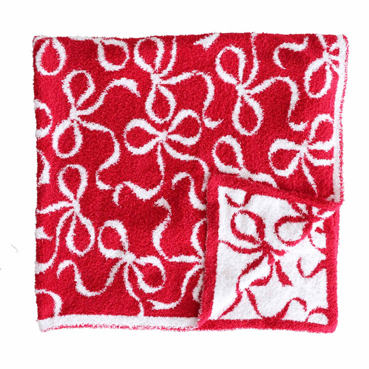 red christmas bow luxe microfiber blanket for bbaies, toddlers and adults 