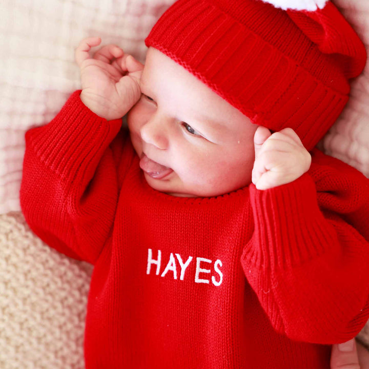 bright red embroidered knit sweater bubble romper for babies 