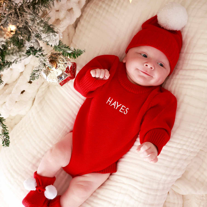 personalized red bubble romper for babies sweater material 
