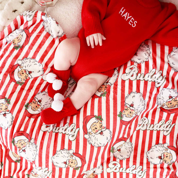 personalized knit sweater bubble romper for babies christmas red and red and white stripe vintage santa personalized kids blanket