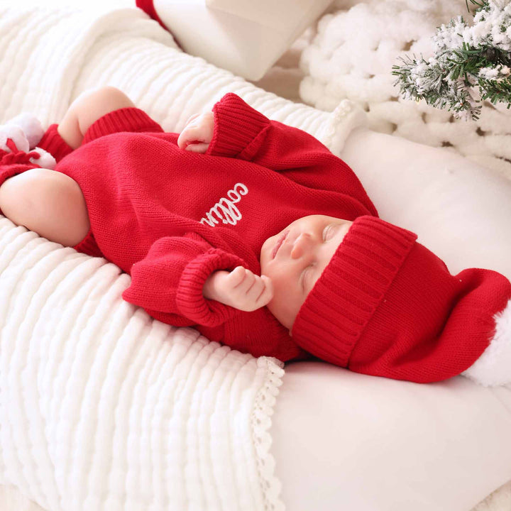 sweater beanie, bootie and embroidered sweater bubble romper in christmas red for babies 