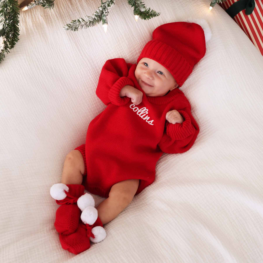 pom pom beanie and bootie with personalized christmas red sweater bubble romper for babies christmas outfit 