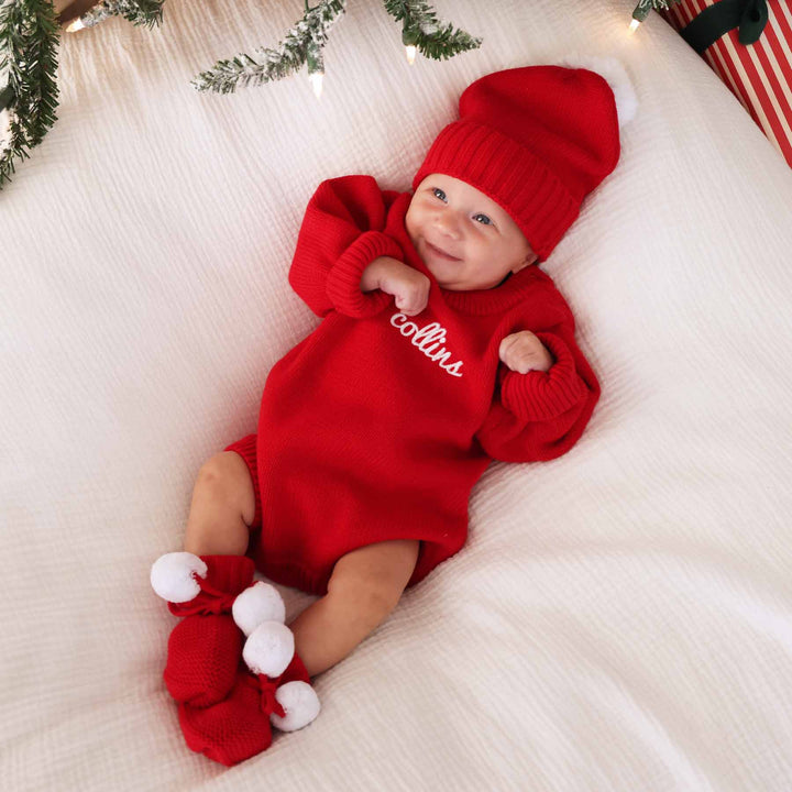 pom pom beanie and bootie with personalized christmas red sweater bubble romper for babies christmas outfit 