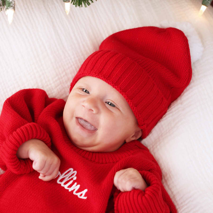 bright red knit sweater pom pom beanie for babies 