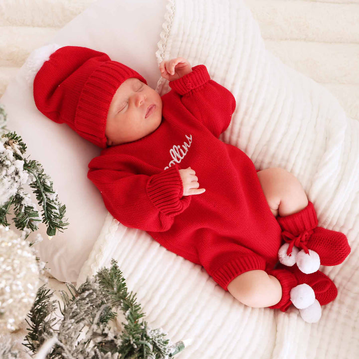 sweater beanie, bootie and embroidered sweater bubble romper in christmas red for babies 