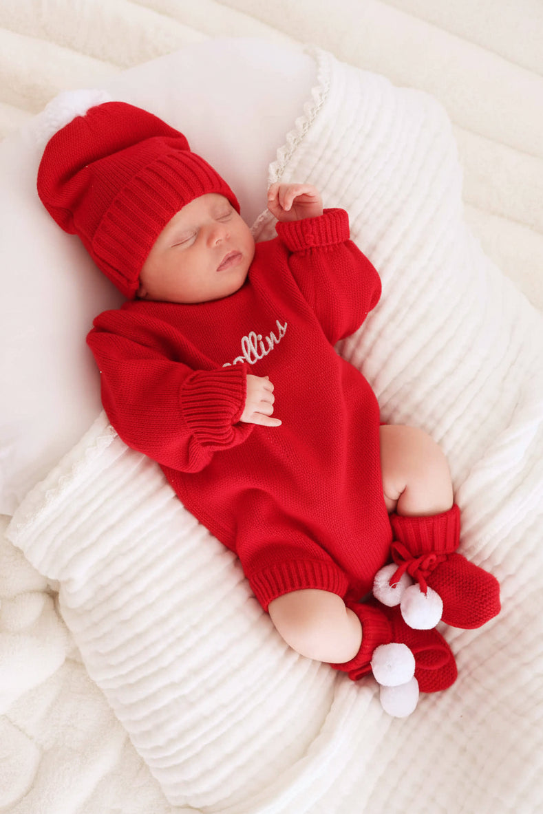 sweater beanie, bootie and embroidered sweater bubble romper in christmas red for babies 