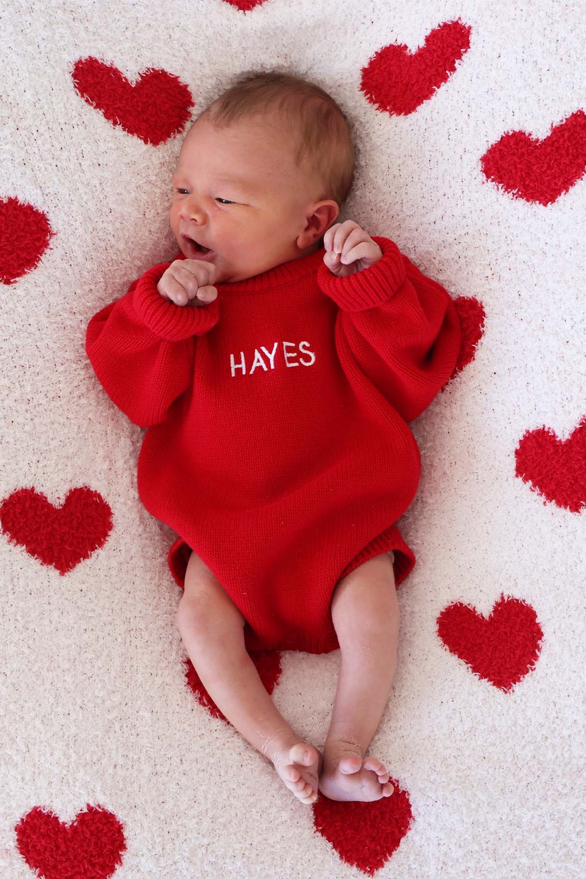 block font embroidered red sweater romper for babies 