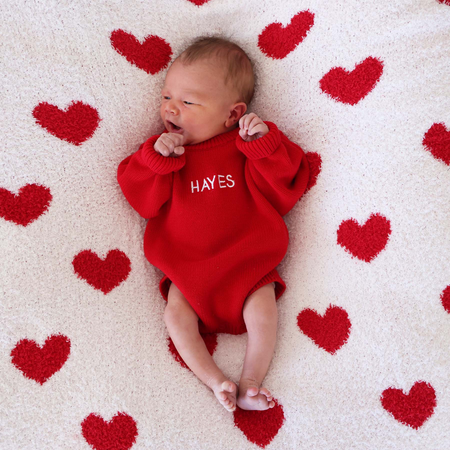block font embroidered red sweater romper for babies 