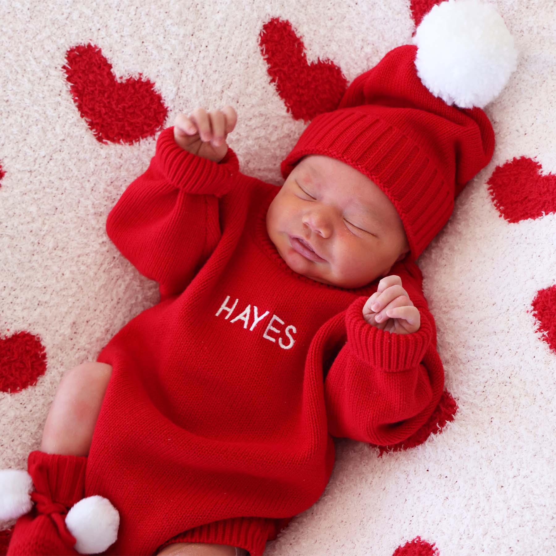 Embroidered Knit Sweater Bubble Romper | Red