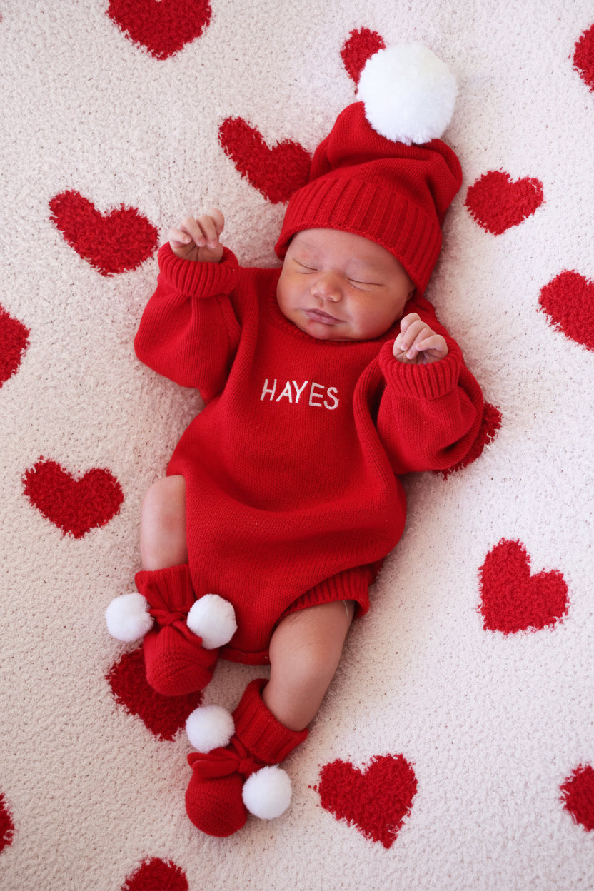long sleeve embroidered bubble romper for babies with matching beanie and booties 