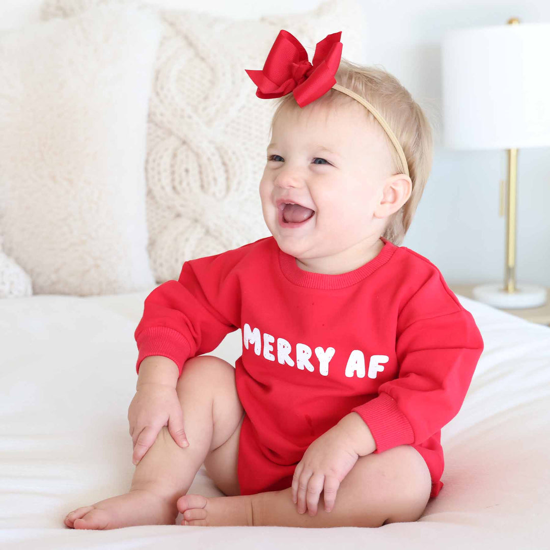 red long sleeve sweatshirt bubble romper for kids merry af