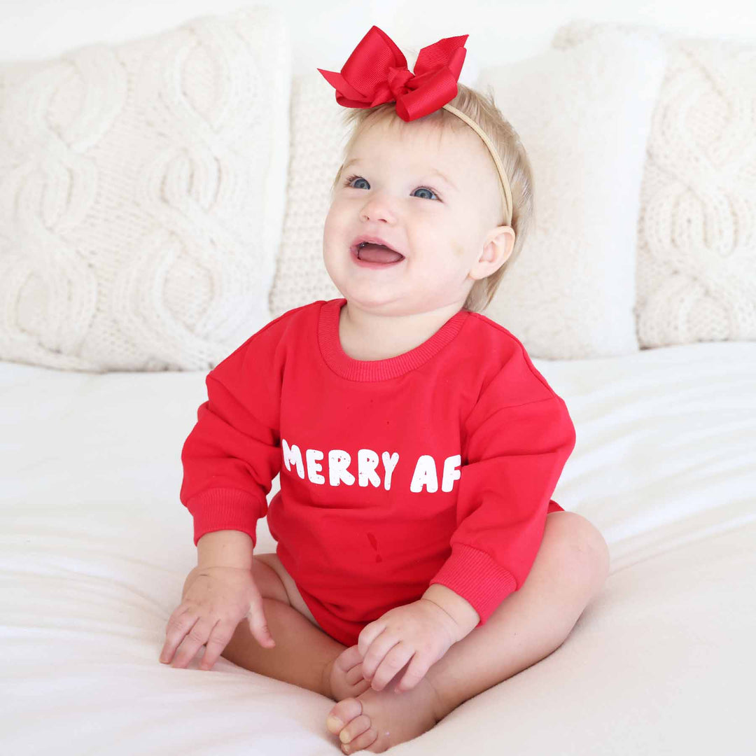 red christmas graphic sweatshirt bubble romper merry af