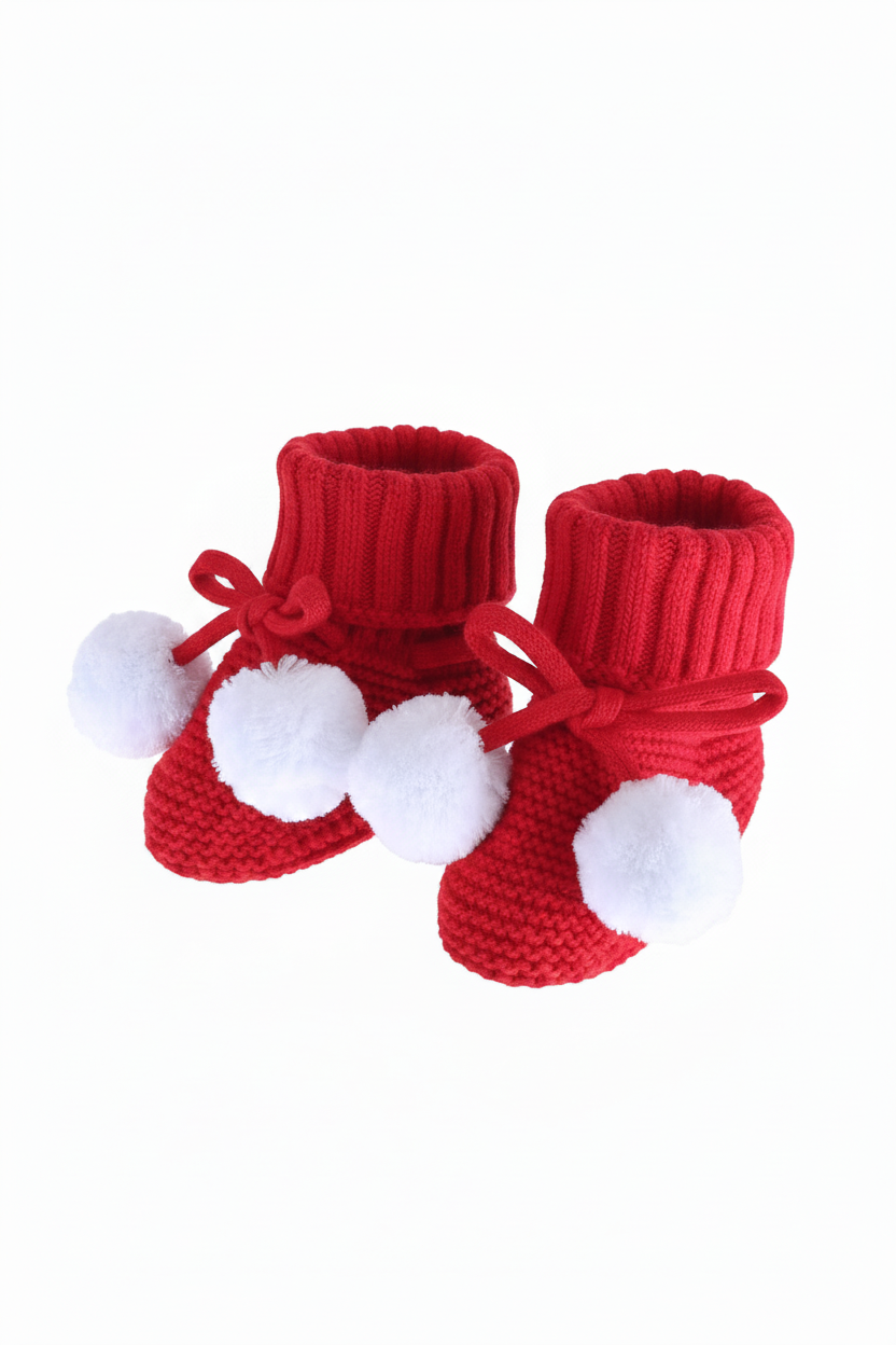 Knit Pom Pom Baby Booties | Red