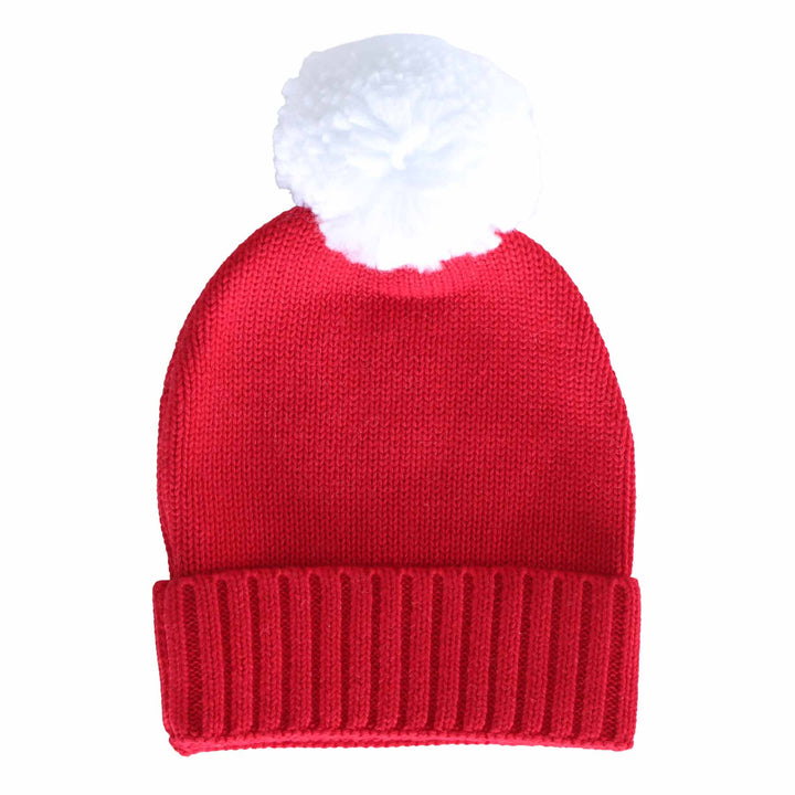christmas red knit sweater beanie with white pom pom 