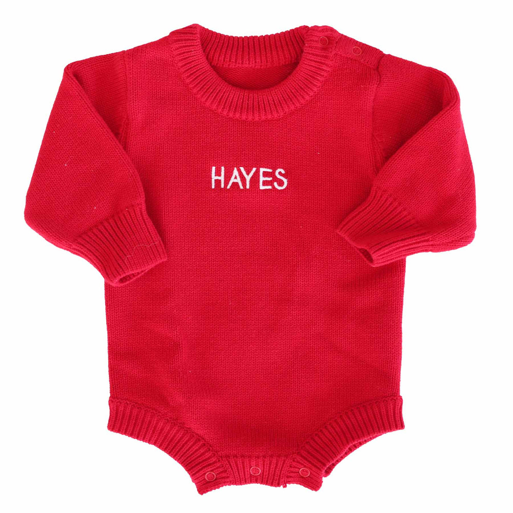 block font red personalized knit sweater bubble romper for babies for christmas