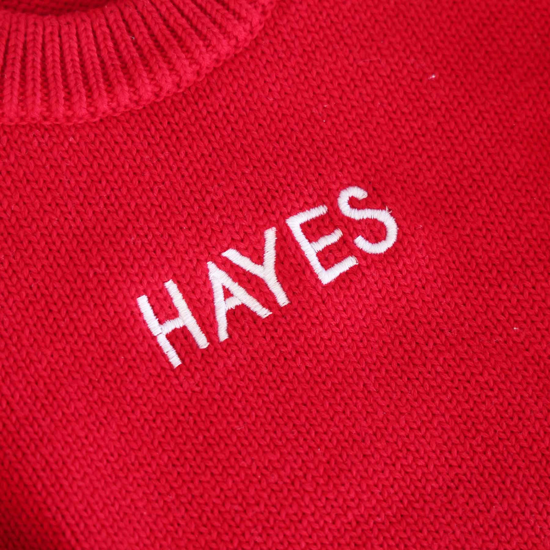 white block font embroidered knit sweater bubble romper for babies christmas red