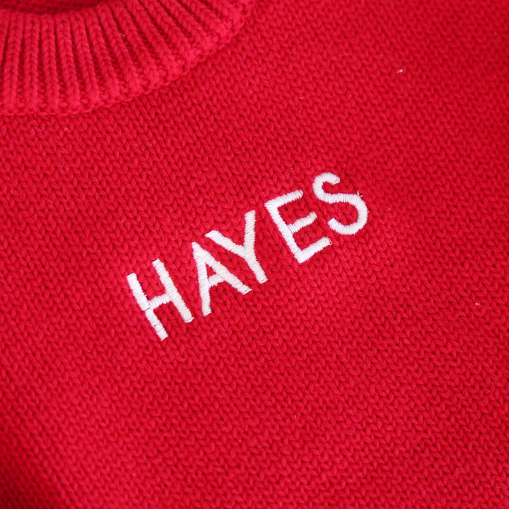 white block font embroidered knit sweater bubble romper for babies christmas red