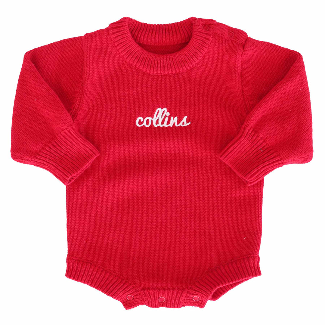 red personalized knit sweater bubble romper for babies with script font christmas sweater outfit
