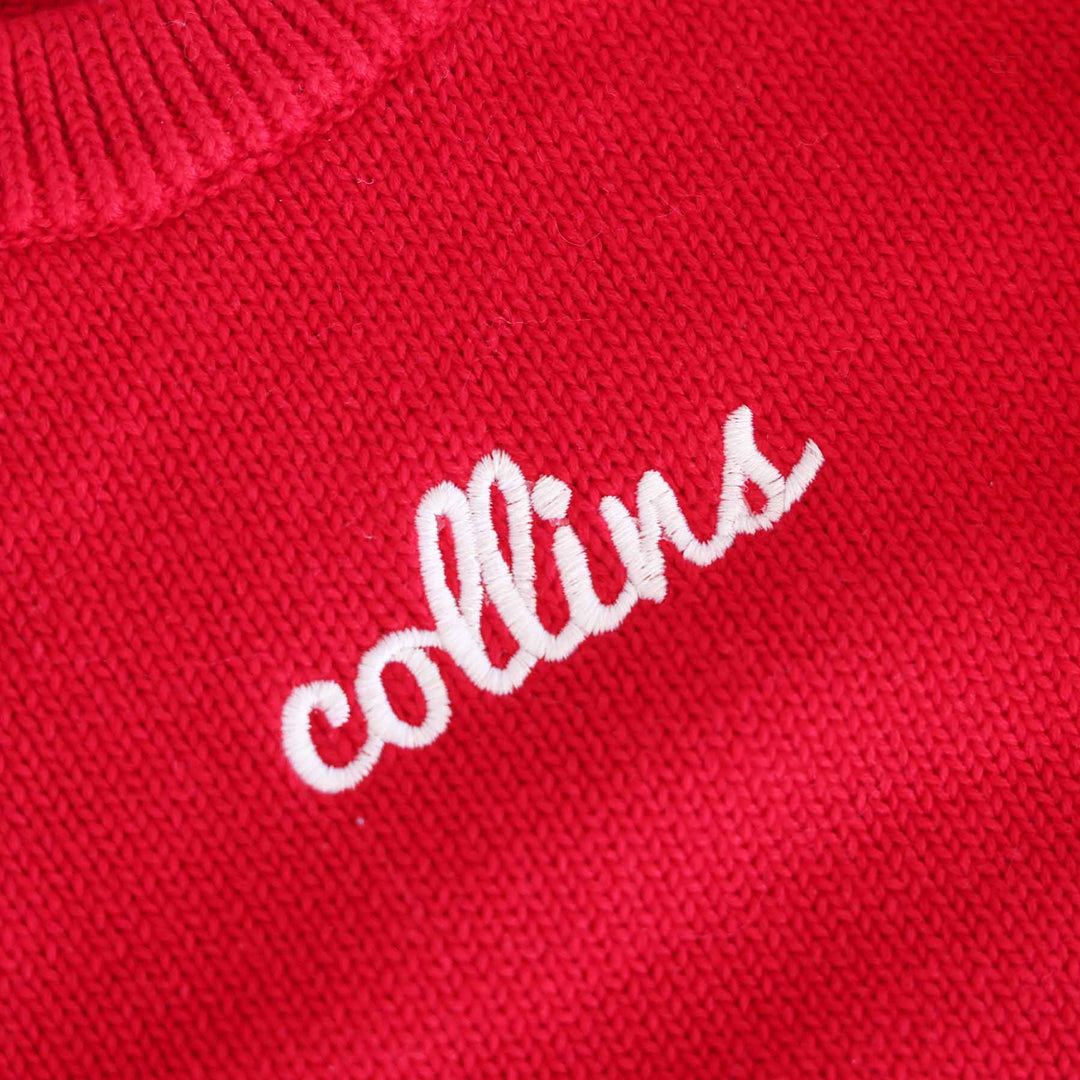 white script font embroidered personalized knit sweater bubble romper for christmas red